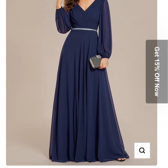 Ever pertty Dresses & Skirts - Ever Pertty Pleated Double V-Neck Long Sleeves Shiny Belt Chiffon Evening Dress